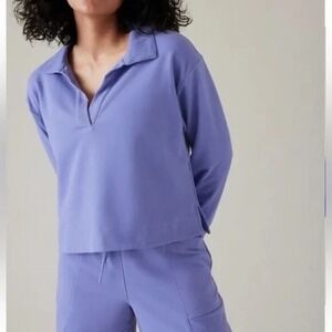 Athleta Retro‎ Terry Long Sleeve Polo Size XS Purple Cropped Casual Activewear